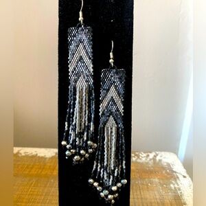 New, Boho beaded tassel earrings. Shimmery black and silver